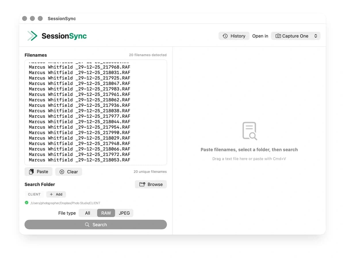 SessionSync with 20 filenames pasted