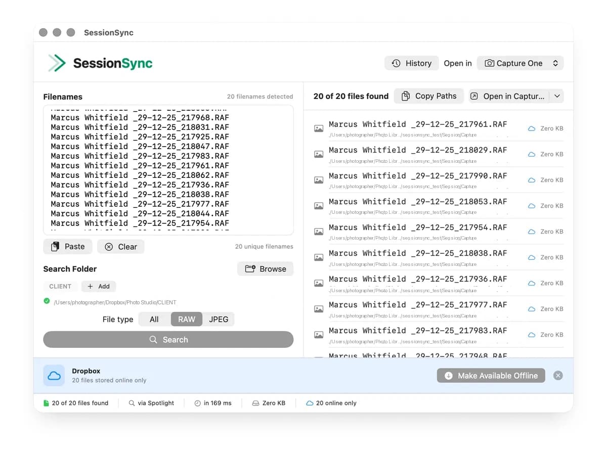 SessionSync showing 20 of 20 RAW files found in 236ms