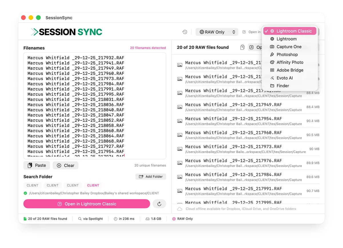 SessionSync app selector showing Lightroom Classic, Capture One, Photoshop and more