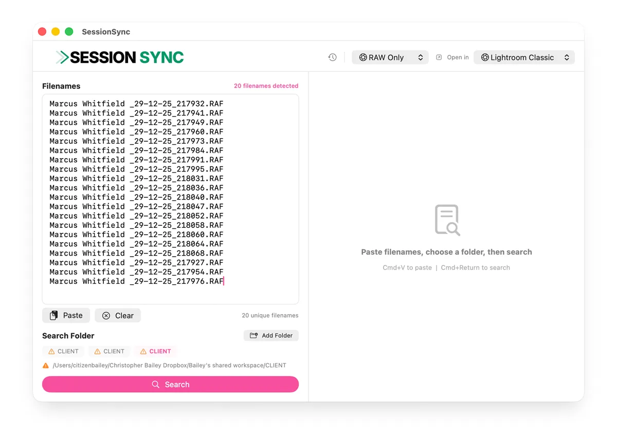 SessionSync with 20 filenames pasted